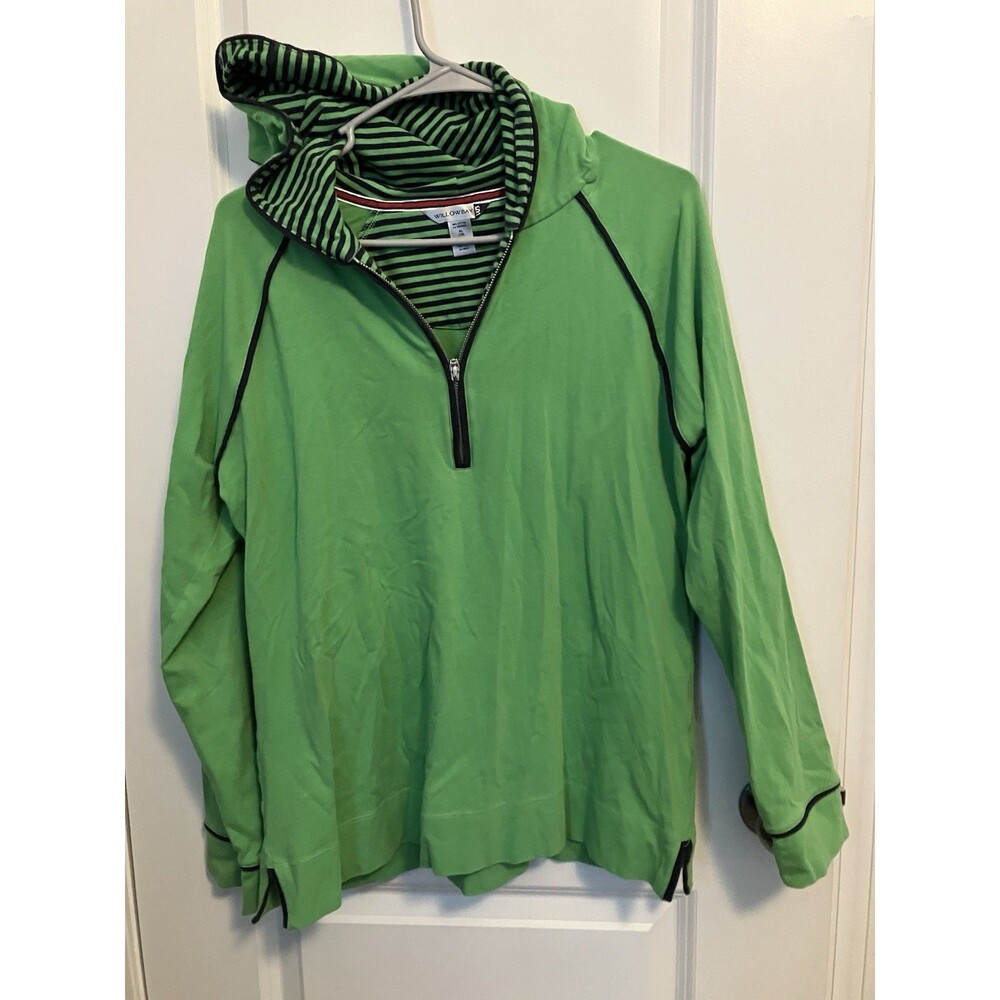 Willow Bay Green Hooded Shirt womens Large navy blue trim , striped lining